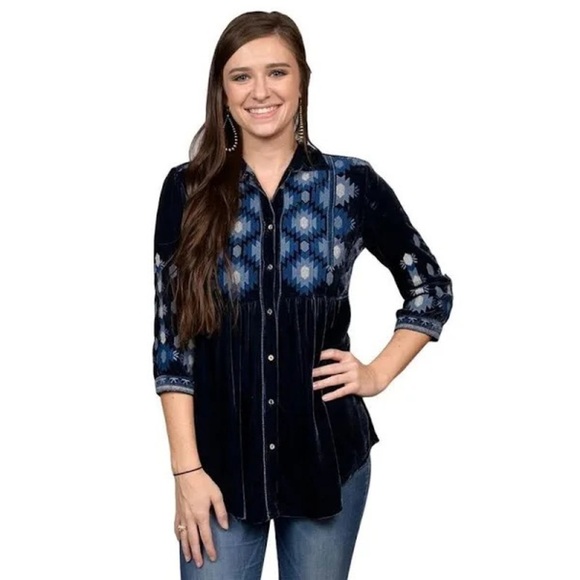 Johnny Was Nomi Smock Velvet Shirt, Blue Women's Size S - Picture 2 of 11